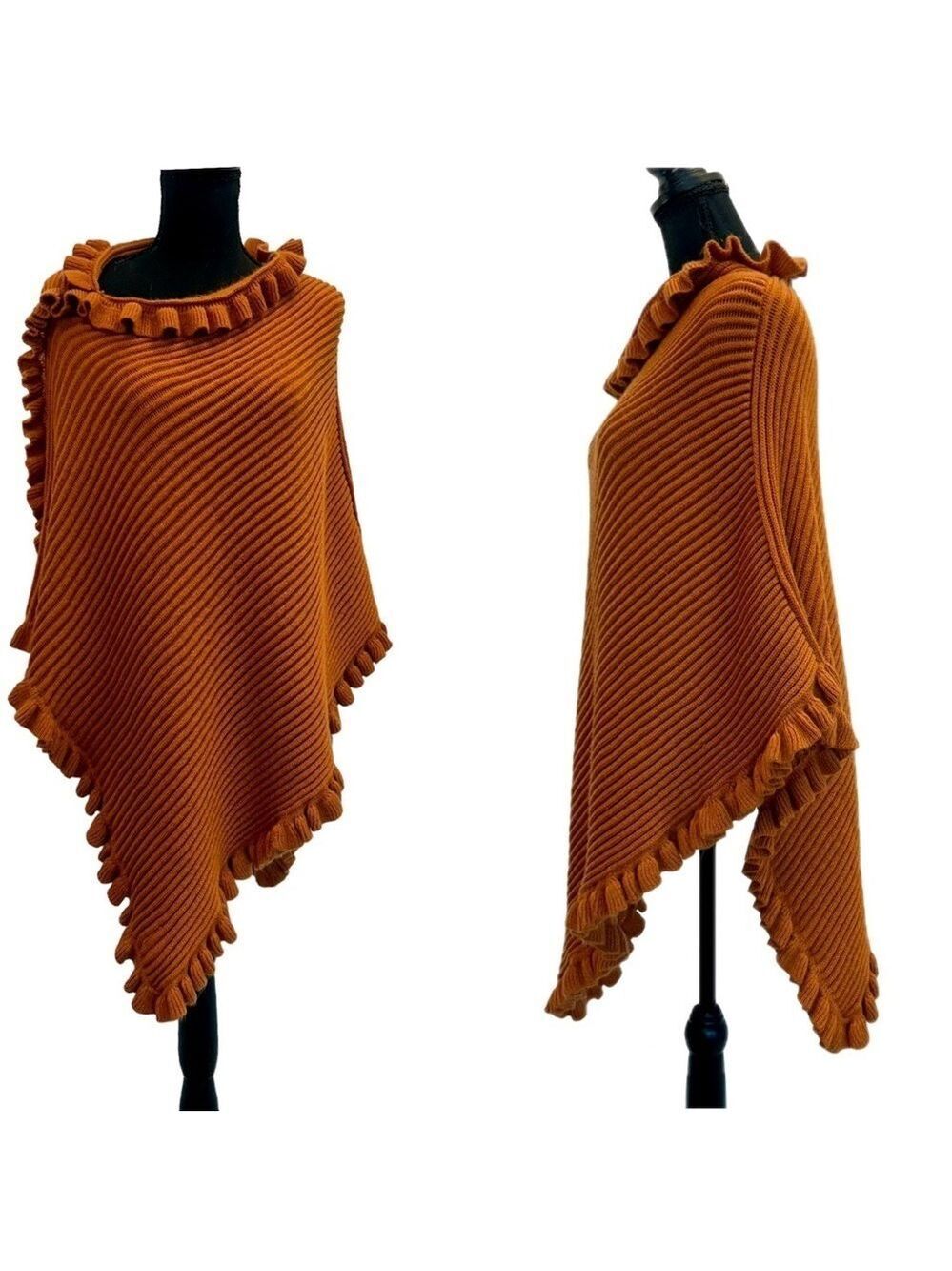 sarajane burnt orange ruffle frill knit cape shrug poncho shawl NWOT